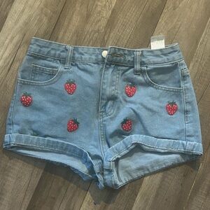 Denim Shorts with Strawberry Print